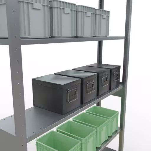 Étagère de base, étagère, système enfichable MULTIplus150, 2500 x 1300 x 300 mm, 6 étagères, barres de longueur, galvanisées de la catégorie d'étagères de base avec le GTIN 4004514279507 Étagère de base, étagère, système enfichable MULTIplus150, 2500 x 1300 x 300 mm, 6 étagères, galvanisée de Schulte Lagertechnik de la gamme de produits du système enfichable