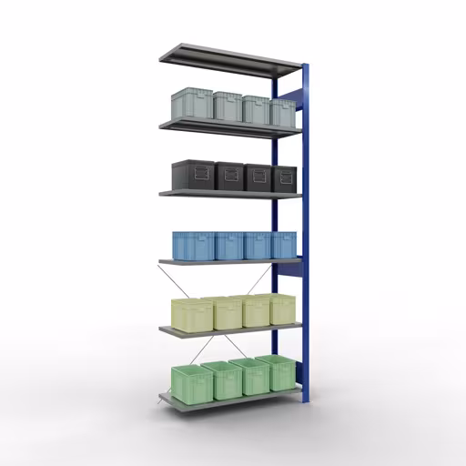 Rayonnage supplémentaire, étagère, système enfichable MULTIplus85, 2500 x 1000 x 400 mm (HxLxP), 6 étagères, traverse, RAL 5010 bleu gentiane de la catégorie des étagères supplémentaires avec le GTIN 4004514284815 Rayonnage supplémentaire, étagère, système enfichable MULTIplus85, 2500 x 1000 x 400 mm, 6 étagères, traverse, RAL 5010 bleu gentiane de la marque Schulte Lagertechnik de la gamme de produits du système enfichable