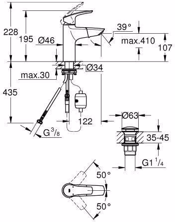 GROHE Mitigeur monocommandé pour lavabo Eurosmart 23976_3 M-Size bec extensible Push-Open garniture d'écoulement chromée