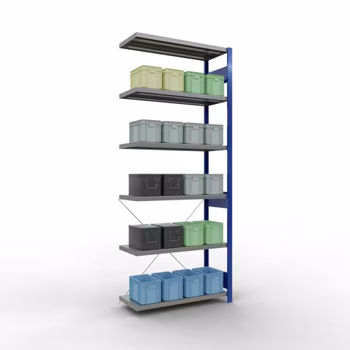 Produktbild Nr.15 des Artikels Anbauregal, Fachbodenregal Stecksystem MULTIplus250, 2500 x 1000 x 400 mm (HxBxT), 6 Fachböden, Kreuzstrebe, RAL 5010 enzianblau/verzinkt aus der Produktreihe Stecksystem von der Marke Schulte Lagertechnik
