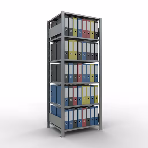 Scaffale base, scaffale per ufficio, sistema a innesto MULTIplus150, 2000 x 750 x 600 mm (AxLxP), 6 ripiani, barre longitudinali, zincato, con fermo centrale di Schulte Lagertechnik con l'articolo n. 17742