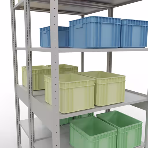 Un'altra vista dell'articolo Scaffale base, scaffale doppio, sistema di scaffali MULTIplus150, 2500 x 1000 x (2x600) mm (AxLxP), 2x6 ripiani, traversa, RAL 7035 grigio chiaro dalla categoria Scaffali