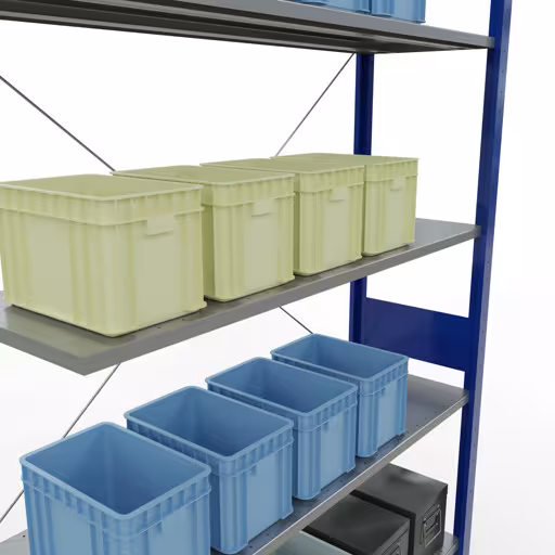 Immagine del prodotto n. 8 dell'articolo scaffale aggiuntivo, sistema a innesto per ripiani MULTIplus150, 3000 x 1300 x 400 mm, 7 ripiani, RAL 5010 blu genziana/zincato della gamma di prodotti per sistemi a innesto della marca Schulte Lagertechnik
