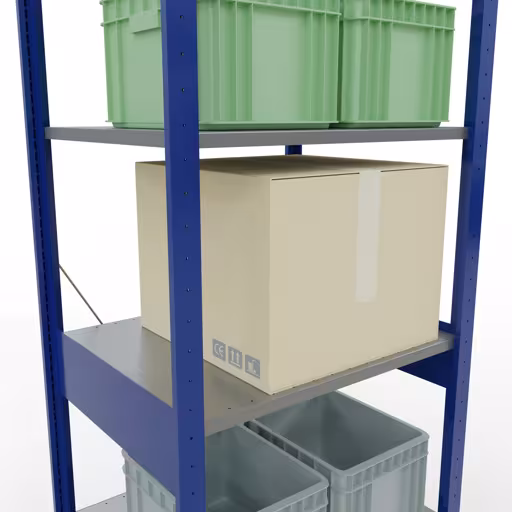 Un'altra vista dell'articolo Scaffale base, scaffale, sistema a innesto MULTIplus150, 2500 x 750 x 600 mm (AxLxP), 6 ripiani, traversa, RAL 5010 blu genziana/zincato/zincato dalla categoria Sistema a innesto