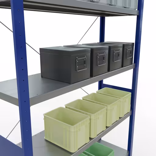 Figure n° 9 de l'article étagère de base, étagère, système enfichable MULTIplus250, 3000 x 1300 x 400 mm, 7 étagères, traverse, RAL 5010 bleu gentiane/galvanisé du groupe de produits système enfichable de Schulte Lagertechnik