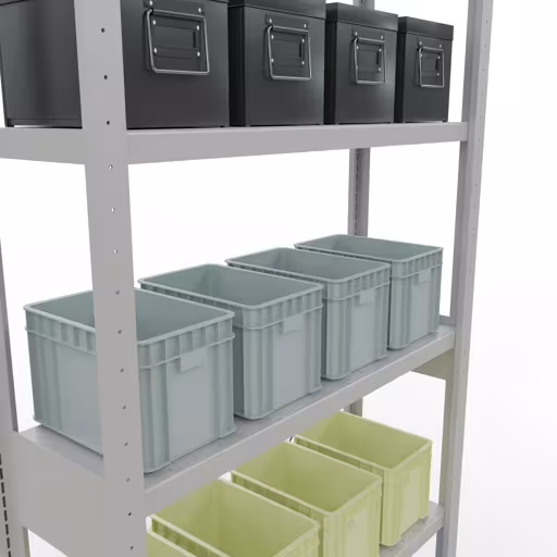 Produktbild Nr 15 des Artikels Grundregal, Fachbodenregal Stecksystem MULTIplus330, 2500 x 1000 x 300 mm (HxBxT), 6 Fachböden, Kreuzstrebe, RAL 7035 lichtgrau Abbildung Nr 15 des Artikels Grundregal, Fachbodenregal Stecksystem MULTIplus330, 2500 x 1000 x 300 mm (HxBxT), 6 Fachböden, Kreuzstrebe, RAL 7035 lichtgrau aus der Produktgruppe Stecksystem von der Marke Schulte Lagertechnik