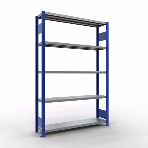 Étagère de base, étagère, système enfichable MULTIplus250, 2000 x 1300 x 300 mm (HxLxP), 5 étagères, barre de longueur, RAL 5010 bleu gentiane/galvanisé, étagère de base, réf. 12930-130-LR-B