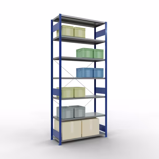 Étagère de base, étagère à étagères, système enfichable MULTIplus250, 3000 x 1300 x 500 mm, 7 étagères, traverse, RAL 5010 bleu gentiane/galvanisé de Schulte Lagertechnik avec le numéro d'article. 12952-130-B