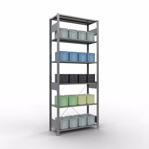 Immagine del prodotto n. 12 dell'articolo scaffale base, scaffale, sistema a innesto MULTIplus150, 2500 x 1000 x 400 mm (AxLxP), 6 ripiani, traversa, zincato Figura n. 12 dell'articolo scaffale base, scaffale, sistema a innesto MULTIplus150, 2500 x 1000 x 400 mm (AxLxP), 6 ripiani, traversa, zincato del gruppo di prodotti sistema a innesto della marca Schulte Lagertechnik