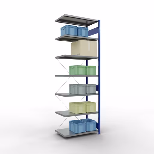 Figure n° 11 de l'article étagère complémentaire, étagère à étagères, système enfichable MULTIplus330, 3000 x 1000 x 600 mm, 7 étagères, traverse, RAL 5010 bleu gentiane/galvanisé du groupe de produits système enfichable de Schulte Lagertechnik