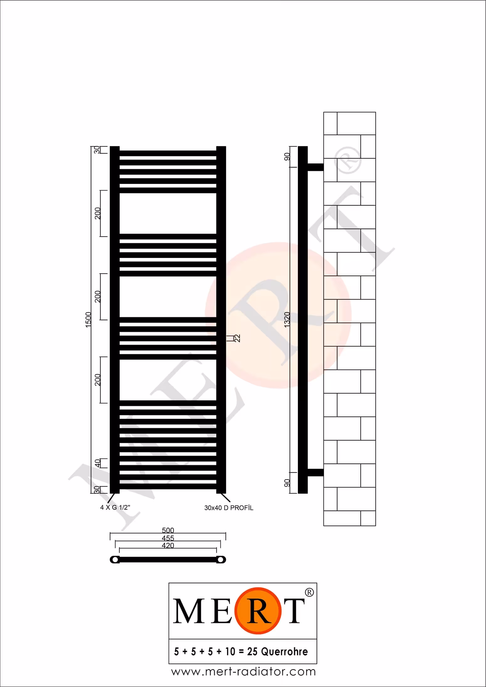 Radiateur de salle de bain de remplacement MERT blanc droit, 500*1500 mm, raccordement standard droite/gauche (PAS de raccordement central) de MERT avec réf. 1-50x150-S