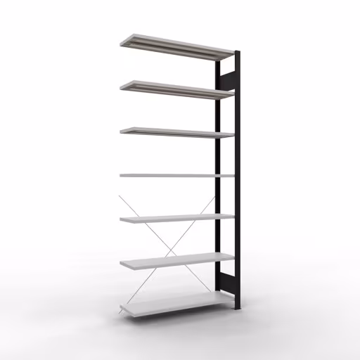 Rayonnage supplémentaire, étagère de bureau, système enfichable MULTIplus85, 2300 x 1000 x 300 mm (HxLxP), 7 tablettes, traverse, sans barre d'arrêt, noir/gris clair, système enfichable, réf. 36034-S