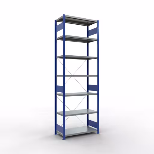 Scaffale base, scaffale, sistema a innesto MULTIplus250, 3000 x 1000 x 500 mm (AxLxP), 7 ripiani, traversa, RAL 5010 blu genziana/zincato di Schulte Lagertechnik della categoria Sistema a innesto