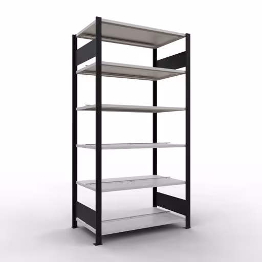 Scaffale base, scaffale per ufficio, sistema a innesto MULTIplus150, 2000 x 1000 x 600 mm (AxLxP), 6 ripiani, barre longitudinali, con fermo centrale, nero/grigio chiaro di Schulte Lagertechnik Scaffale Basic, scaffale per ufficio, sistema a innesto MULTIplus150, 2000 x 1000 x 600 mm (AxLxP), 6 ripiani, barre longitudinali, con fermo centrale, nero/grigio chiaro, sistema a innesto, articolo n. 36043-S