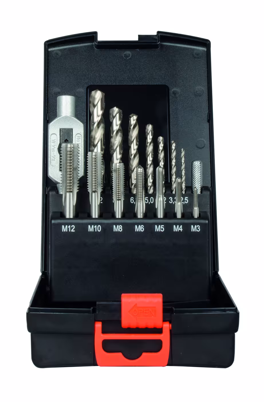 Set di utensili per forare filetti con incisione HSS-G 15 pezzi M3-M12 in cassetta di plastica, utensili per filettare, articolo n. 910135