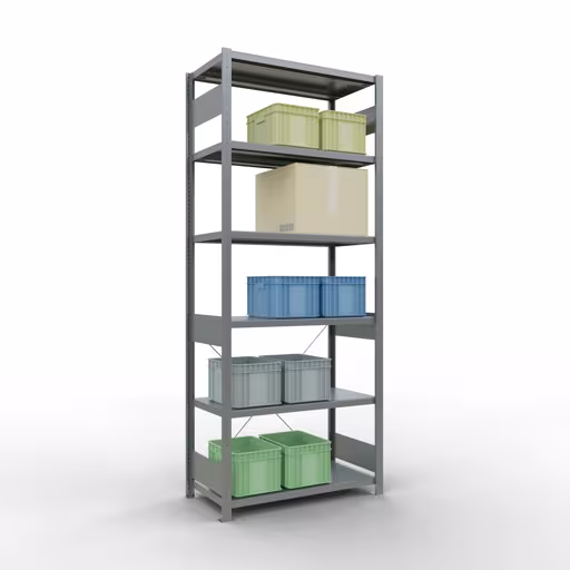 Image du produit n° 15 de l'article étagère de base, étagère, système enfichable MULTIplus330, 2500 x 1000 x 500 mm, 6 étagères, traverse, galvanisé Figure n° 15 de l'article étagère de base, étagère, système enfichable MULTIplus330, 2500 x 1000 x 500 mm, 6 étagères, galvanisées du groupe de produits système enfichable de Schulte Lagertechnik