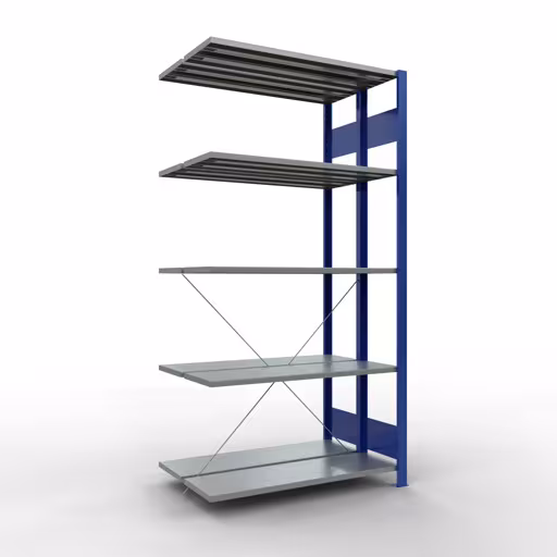 Étagère supplémentaire, étagère double, système d'étagères MULTIplus150, 2000 x 1000 x (2x300) mm (HxLxP), 2x5 étagères, traverse, RAL 5010 bleu gentiane, étagères doubles, réf. 32735-B