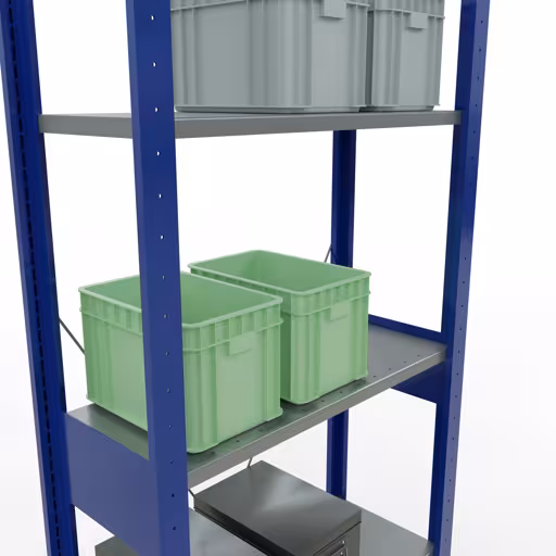 Immagine del prodotto n. 8 dell'articolo scaffale base, scaffale, sistema a innesto MULTIplus150, 2500 x 750 x 300 mm, 6 ripiani, RAL 5010 blu genziana/zincato/zincato dalla gamma di prodotti del sistema a innesto della marca Schulte Lagertechnik