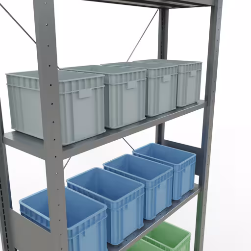 Image du produit n° 13 de l'article étagère de base, étagère, système enfichable MULTIplus85, 3000 x 1000 x 300 mm (HxLxP), 7 étagères, traverse, galvanisé Figure n° 13 de l'article étagère de base, étagère, système enfichable MULTIplus85, 3000 x 1000 x 300 mm, 7 étagères, traverse, galvanisée du groupe de produits système enfichable de la marque Schulte Lagertechnik