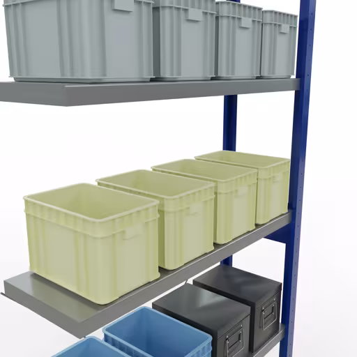 Une autre vue de l'article Rayonnage rapporté, rayonnage à étagères, système enfichable MULTIplus250, 2500 x 1000 x 300 mm, 6 tablettes, traverse, RAL 5010 bleu gentiane/galvanisé Une autre vue de l'article Étagère rapportée, étagère, système enfichable MULTIplus250, 2500 x 1000 x 300 mm, 6 étagères, traverse, RAL 5010 bleu gentiane/galvanisé de la catégorie système enfichable