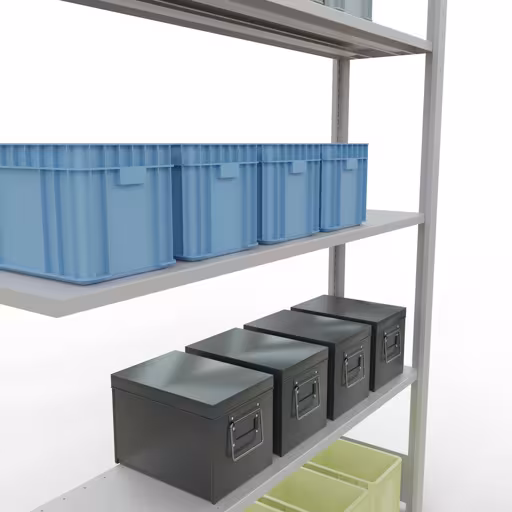 Image supplémentaire de l'article Étagère rapportée, étagère, système enfichable MULTIplus150, 2000 x 1300 x 300 mm, 5 étagères, barres de longueur, RAL 7035 gris clair Représentation supplémentaire de l'article, étagère, système enfichable MULTIplus150, 2000 x 1300 x 300 mm, 5 étagères, gris clair RAL 7035