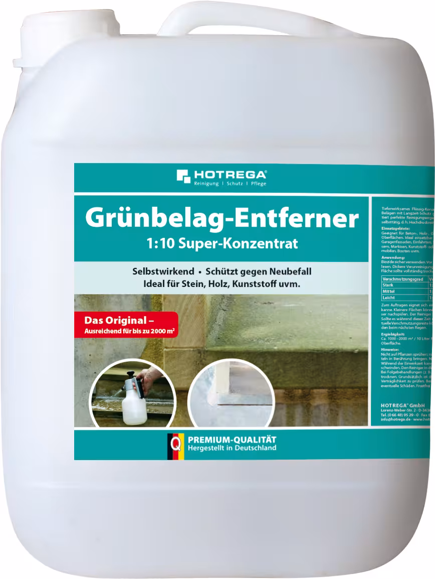 Grünbelag-Entferner 10 Liter Kanister 1:10 Konzentrat | HOTREGA® von der Marke Hotrega Grünbelag-Entferner | HOTREGA® Typ Ausführung: 10 Liter Kanister aus der Kategorie Gartenreiniger mit der Artikelnr. H110800010