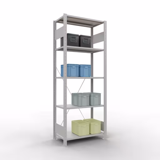 Une autre vue de l'article étagère de base, étagère, système enfichable MULTIplus150, 2000 x 750 x 400 mm, 5 étagères, traverse, RAL 7035 gris clair de la catégorie système enfichable