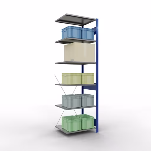 Scaffali aggiuntivi, scaffali, sistema a innesto MULTIplus150, 2500 x 750 x 600 mm (AxLxP), 6 ripiani, traversa, RAL 5010 blu genziana/zincato/zincato con l'articolo n. 12766-75-B Scaffali aggiuntivi, scaffali, sistema a innesto MULTIplus150, 2500 x 750 x 600 mm (AxLxP), 6 ripiani, traversa, RAL 5010 blu genziana/zincato/zincato di Schulte Lagertechnik della categoria Sistemi a innesto