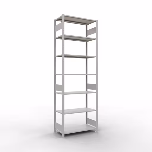 Étagère de base, étagère, système enfichable MULTIplus85, 3000 x 1000 x 500 mm (HxLxP), 7 étagères, barre de longueur, gris clair RAL 7035, étagère de base, réf. 33052-LR