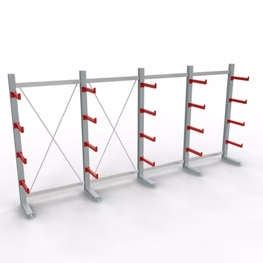Abbildung Nr 9 des Artikels K 3000 Komplettregal, einseitig, 2500 x 5200 x 500 mm, RAL 7001 / RAL 3000, 5 Lagerebenen aus der Produktgruppe Kragarmregale von der Marke Schulte Lagertechnik