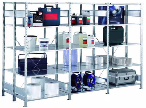 Produktbild Nr.11 des Artikels Anbauregal, Doppelregal, Fachbodenregal Stecksystem MULTIplus150, 2500 x 1000 x (2x300) mm (HxBxT), 2x6 Fachböden, Kreuzstrebe, RAL 5010 enzianblau aus der Produktreihe Fachbodenregale von der Marke Schulte Lagertechnik