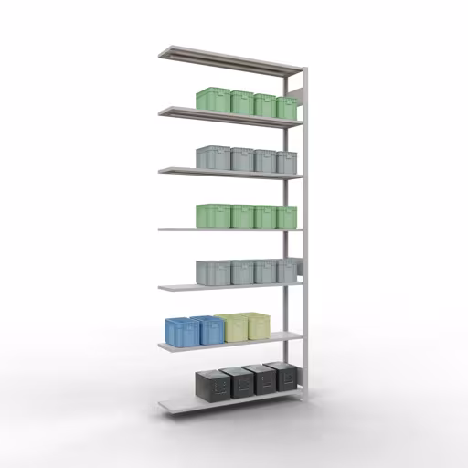 Une autre vue de l'article étagère complémentaire, système enfichable MULTIplus150, 3000 x 1300 x 300 mm, 7 étagères, gris clair RAL 7035 de la catégorie étagère complémentaire
