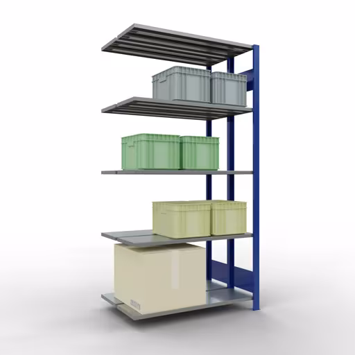Image du produit n° 6 de l'article étagère complémentaire, étagère double, étagère à étagères, système enfichable MULTIplus150, 2000 x 1000 x (2x300) mm, 2x5 étagères, RAL 5010 bleu gentiane de la gamme d'étagères pour étagères de Schulte Lagertechnik