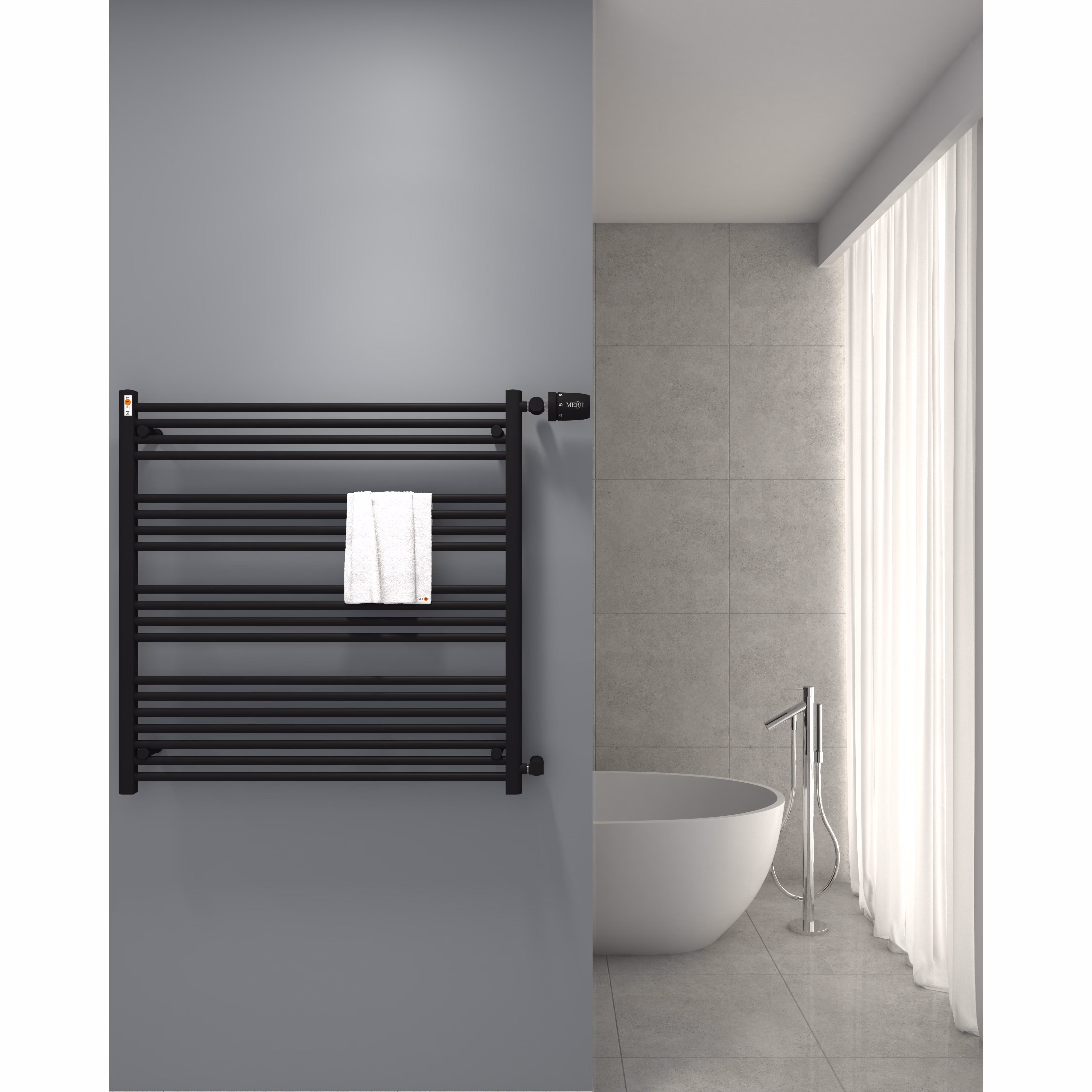 Radiateur de salle de bain de remplacement MERT, noir, 1000 x 1000 mm, raccordement latéral 900 mm, de la marque Mert Radiateur de salle de bain de remplacement MERT, noir, raccordement latéral droit, de la catégorie radiateurs de salle de bain à raccordement latéral, référence 1-100x100-ASR-90-BLACK