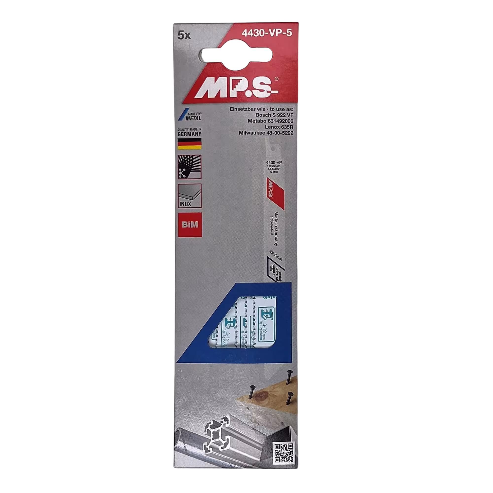 Lama per sega alternativa bimetallica fresata e impostata, lunghezza totale 150/lunghezza dentata 130 mm, passo dei denti 1,8-2,5 mm #4430-VP-5 della marca MPS nella categoria lame per seghe