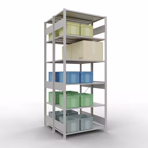 Une autre vue de l'article Etagère de base, étagère double, étagère système enfichable MULTIplus150, 2500 x 1000 x (2x500) mm, 2x6 étagères, traverse, RAL 7035 gris clair Une autre vue de l'article Étagère de base, étagère double, système d'étagère enfichable MULTIplus150, 2500 x 1000 x (2x500) mm, 2x6 étagères, RAL 7035 gris clair de la catégorie étagères