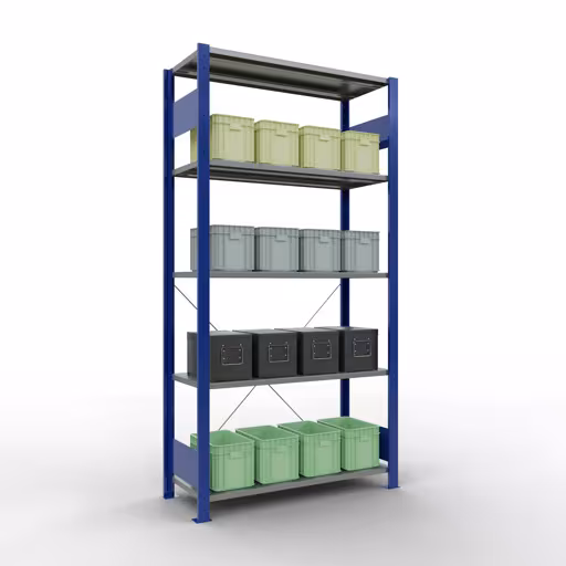 Une autre vue de l'article Etagère Basic, étagère à étagères, système enfichable MULTIplus150, 2000 x 1000 x 400 mm (HxLxP), 5 étagères, traverse, RAL 5010/galvanisé Une autre vue de l'article étagère de base, étagère à étagères, système enfichable MULTIplus150, 2000 x 1000 x 400 mm, 5 étagères, RAL 5010/galvanisé de la catégorie système enfichable