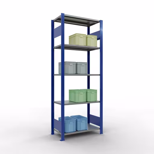 Étagère de base, étagère, système enfichable MULTIplus150, 2000 x 750 x 400 mm, 5 étagères, RAL 5010 bleu gentiane/galvanisé/galvanisé avec le GTIN 4004514279941 Étagère de base, étagère, système enfichable MULTIplus150, 2000 x 750 x 400 mm, 5 étagères, RAL 5010 bleu gentiane/galvanisé/galvanisé de Schulte Lagertechnik avec le numéro d'article. 12740-75-LR-B