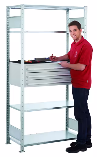 Anbauregal, Schubladenregal MULTIplus150, 2000 x 1000 x 500 mm (HxBxT), 4 MULTIplus150-Fachböden, 1 Stück 3er Schubladenset, verzinkt aus der Kategorie Schubladenregale mit der GTIN 4004514260604 Anbauregal, Schubladenregal MULTIplus150, 2000 x 1000 x 500 mm (HxBxT), 4 MULTIplus150-Fachböden, 1 Stück 3er Schubladenset, verzinkt von der Marke Schulte Lagertechnik aus der Produktreihe Fachbodenregale