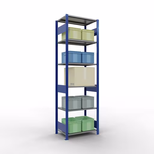 Étagère de base, étagère, système enfichable MULTIplus150, 2500 x 750 x 500 mm, 6 étagères, RAL 5010 bleu gentiane/galvanisé/galvanisé avec le GTIN 4004514280459 Étagère de base, étagère, système enfichable MULTIplus150, 2500 x 750 x 500 mm, 6 étagères, RAL 5010 bleu gentiane/galvanisé/galvanisé de Schulte Lagertechnik avec le numéro d'article. 12751-75-LR-B