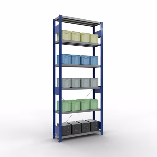 Image du produit n° 13 de l'article étagère de base, étagère, système enfichable MULTIplus330, 2500 x 1000 x 300 mm (HxLxP), 6 étagères, traverse, RAL 5010 bleu gentiane/galvanisé Figure n° 13 de l'article étagère de base, système d'étagères enfichables MULTIplus330, 2500 x 1000 x 300 mm, 6 étagères, RAL 5010 bleu gentiane/galvanisé du groupe de produits système enfichable de la marque Schulte Lagertechnik