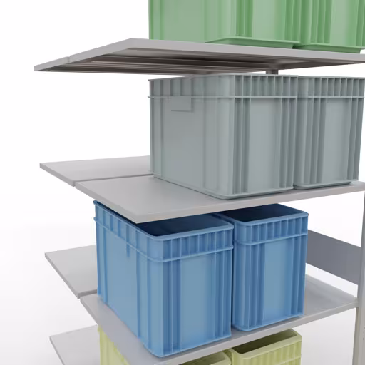 Une autre vue de l'article Tablette supplémentaire, tablette double, système d'étagères enfichables MULTIplus150, 3000 x 1000 x (2x600) mm (HxLxP), 2x7 tablettes, barres de longueur, RAL 7035 gris clair Une autre vue de l'article Étagère supplémentaire, étagère double, système d'étagères MULTIplus150, 3000 x 1000 x (2x600) mm, 2x7 étagères, RAL 7035 gris clair de la catégorie étagère