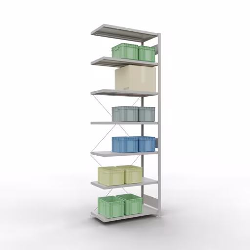 Image supplémentaire de l'article Étagère rapportée, étagère, système enfichable MULTIplus250, 3000 x 1000 x 500 mm, 7 étagères, traverse, RAL 7035 gris clair Image supplémentaire de l'article, système d'étagères MULTIplus250, 3000 x 1000 x 500 mm, 7 étagères, RAL 7035 gris clair