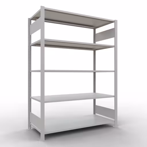 Étagère de base, étagère de bureau, système enfichable MULTIplus150, 1800 x 1300 x 600 mm (HxLxP), 5 tablettes, barres de longueur, sans butée centrale, gris clair, système enfichable, réf. 36056