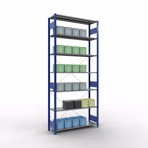 Scaffale base, scaffale, sistema a innesto MULTIplus150, 3000 x 1300 x 400 mm (AxLxP), 7 ripiani, traversa, RAL 5010 blu genziana/zincato di Schulte Lagertechnik della categoria Sistema a innesto