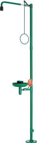 Doccia di emergenza ClassicLine con stazione lavaocchi e vaschetta di raccolta, a pavimento, con raccordo filettato interno da 3/4", appartenente alla categoria di stazioni lavaocchi e sistemi di risciacquo oculare, codice articolo 4000387004