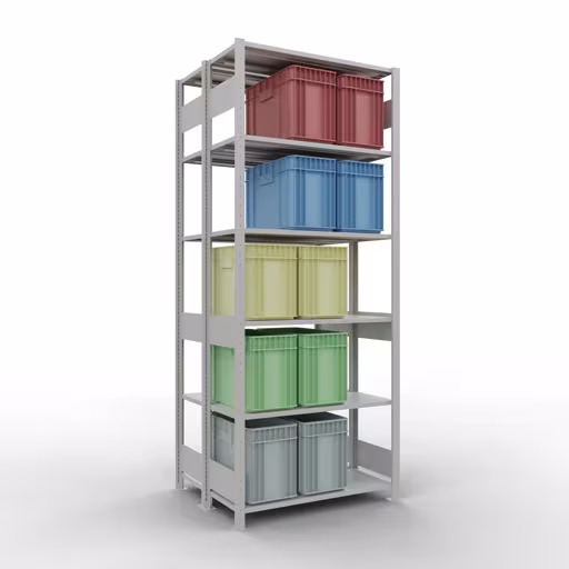 Immagine aggiuntiva dell'articolo Scaffale base, scaffale doppio, sistema a innesto per scaffale MULTIplus150, 2500 x 1000 x (2x400) mm (AxLxP), 2x6 ripiani, barre longitudinali, RAL 7035 grigio chiaro da ripiani doppi