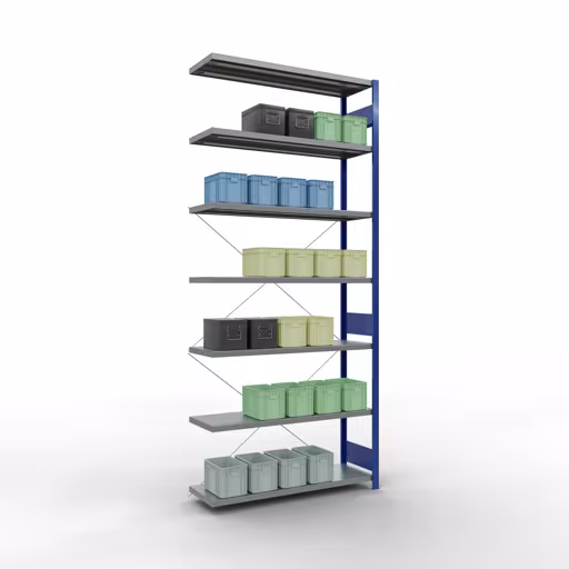 Rayonnage supplémentaire, rayonnage à étagères, système enfichable MULTIplus250, 3000 x 1300 x 400 mm, 7 étagères, traverse, RAL 5010 bleu gentiane/galvanisé de Schulte Lagertechnik avec le réf. 12947-130-B