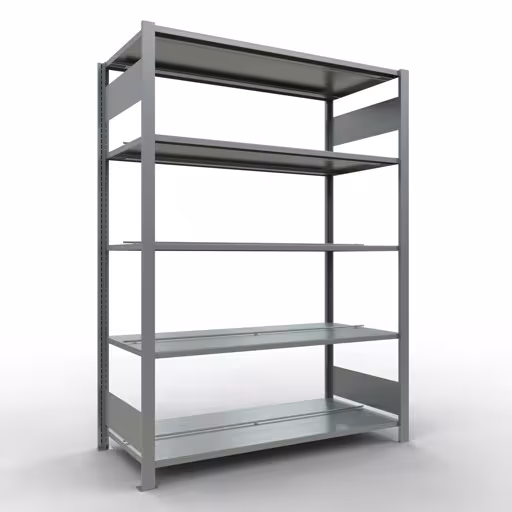 Scaffale base, scaffale per ufficio, sistema a innesto MULTIplus150, 1800 x 1300 x 600 mm (AxLxP), 5 ripiani, barre longitudinali, zincato, con fermo centrale, sistema a innesto, articolo n. 17738