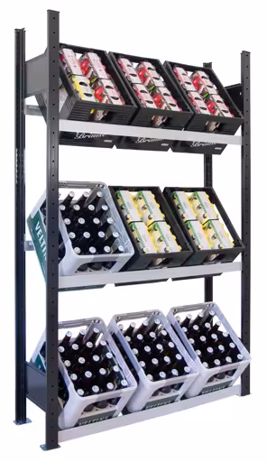 Étagère de base, support pour caisses à boissons 1800 x 1000 x 300 mm (HxLxP), noir/argent, 3 niveaux pour 9 caisses à boissons de Schulte Lagertechnik Étagère de base, support pour caisses à boissons 1800 x 1000 x 300 mm (HxLxP), noir/argent, 3 niveaux pour 9 caisses à boissons, rangement pour boissons, réf. 37006-S